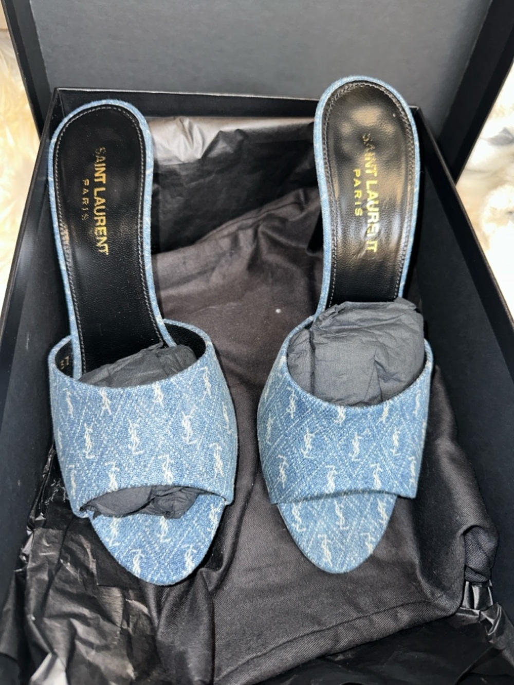 Saint Laurent Blue Denim Monogram Slide Mules - Picture 2 of 11